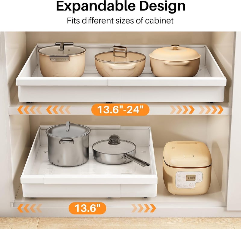 PXRACK Pull out Cabinet Organizer, 1-Pack Expandable(13.6"-24") Silde out Drawers with Raising Pad for Framed Cabinets, Adjustable Full-Extension Adhesive Roll out Shelves for Kitchen Pantry Home Pot and Pan - Image 3